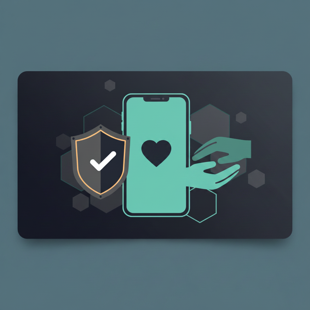 Senior Support & Safety package — smartphone, security shield, and heart care illustration